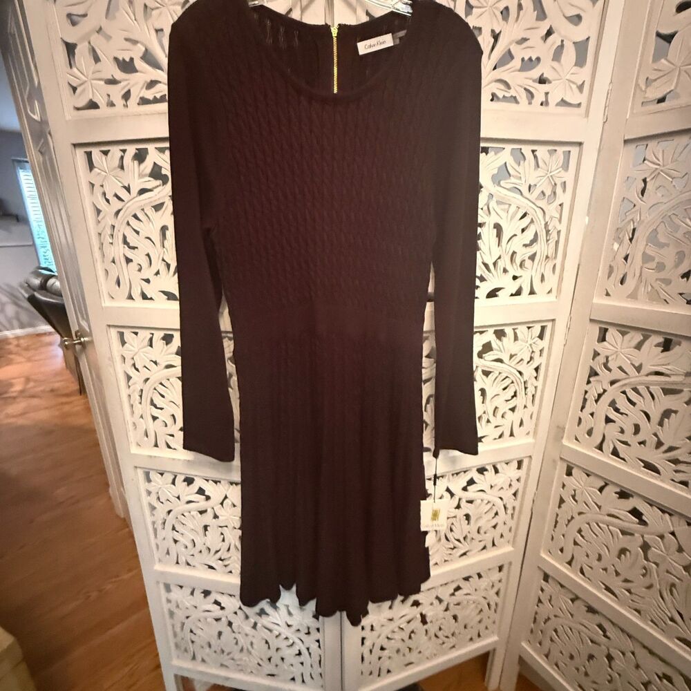 Calvin Klein Long -Sleeved Cable-Knit Fit Sweater Dress Plum XL NEW